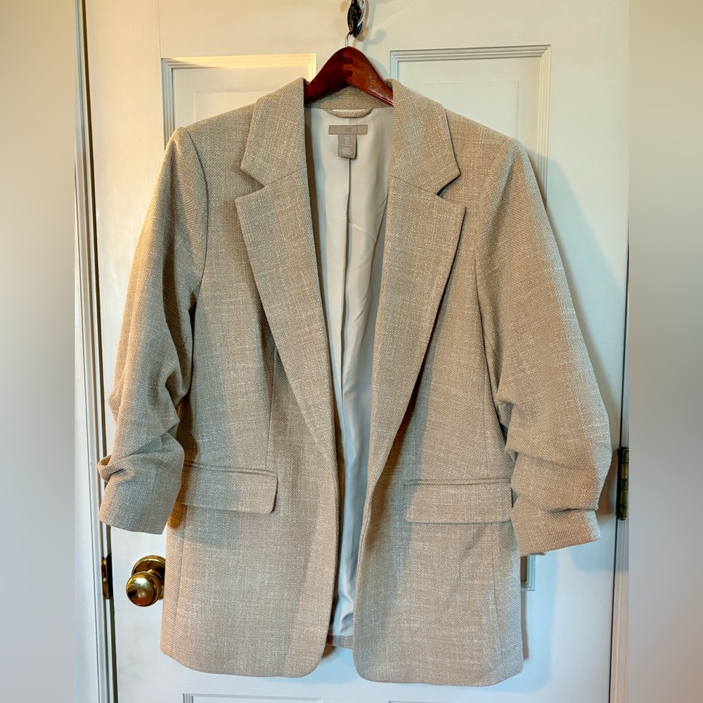 Beige Textured Gathered Arm Blazer